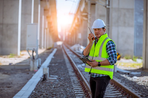 homem com uniforme falando em um radio ao lado de uma linha de trem