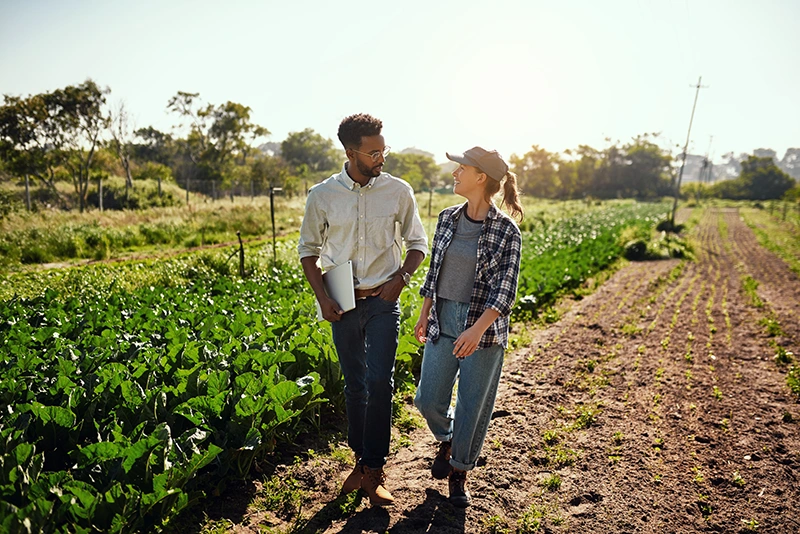 Homem e mulher andando em uma platação