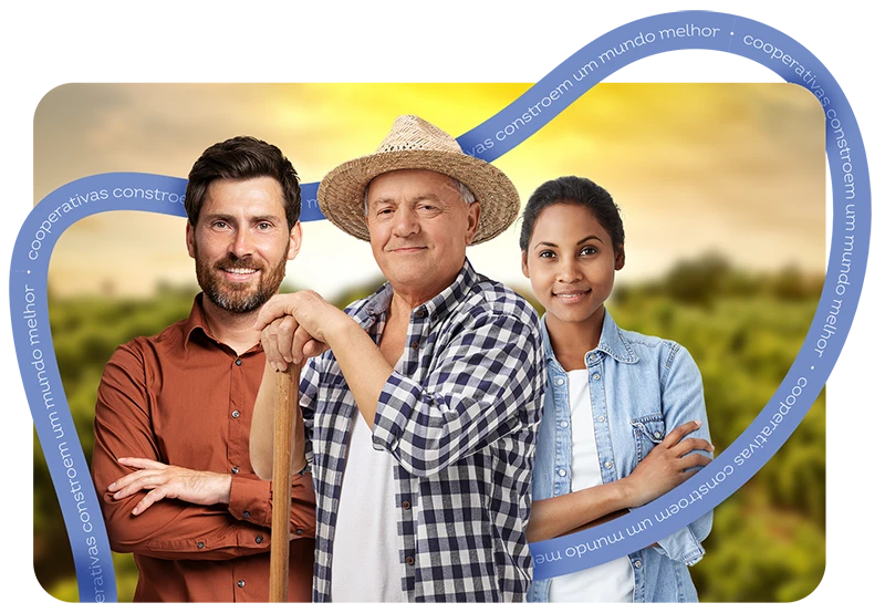 grupo de pessoas diversas com a faixa do ano da cooperativas ao redor